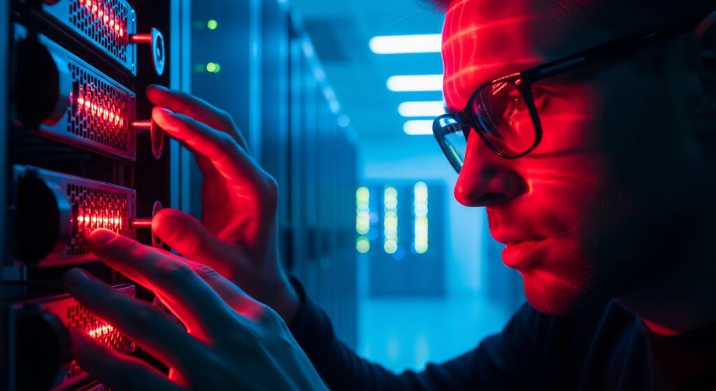 Imagen decorativa de persona trabajando en servidores